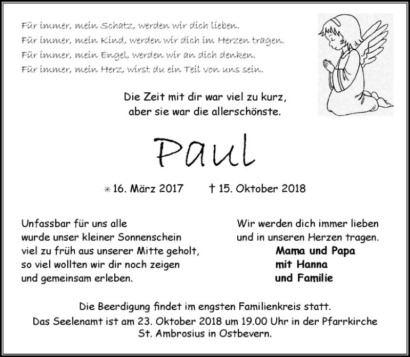  Traueranzeige für Paul  vom 19.10.2018 aus Westfälische Nachrichten