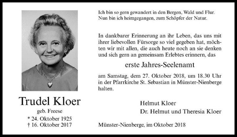  Traueranzeige für Trudel Kloer vom 24.10.2018 aus Westfälische Nachrichten