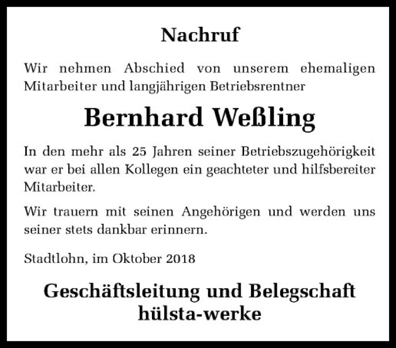  Traueranzeige für Bernhard Weßling vom 11.10.2018 aus Westfälische Nachrichten