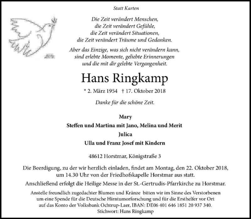  Traueranzeige für Hans Ringkamp vom 20.10.2018 aus Westfälische Nachrichten