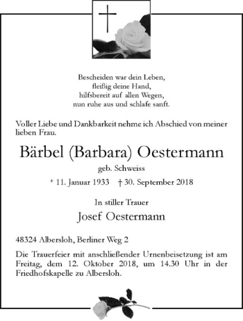 Anzeige von Bärbel Oestermann von Westfälische Nachrichten