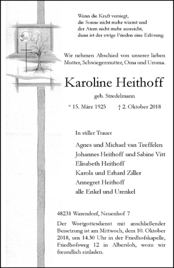 Anzeige von Karoline Heithoff von Westfälische Nachrichten