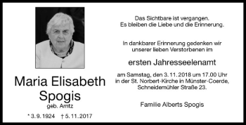 Anzeige von Maria Elisabeth Spogis von Westfälische Nachrichten