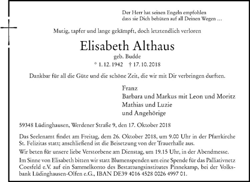  Traueranzeige für Elisabeth Althaus vom 20.10.2018 aus Westfälische Nachrichten