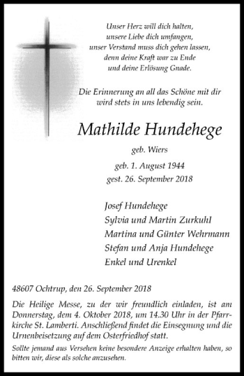 Anzeige von Mathilde Hundehege von Westfälische Nachrichten