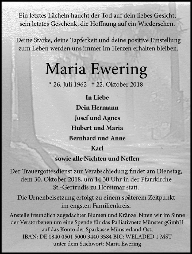  Traueranzeige für Maria Ewering vom 27.10.2018 aus Westfälische Nachrichten
