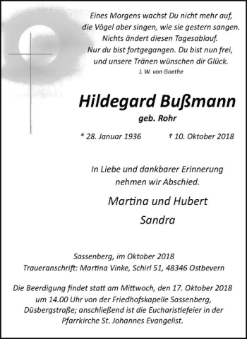 Anzeige von Hildegard Bußmann von Westfälische Nachrichten