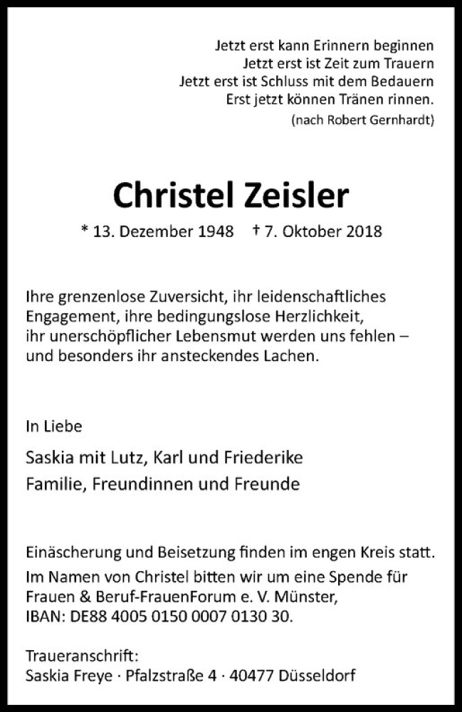  Traueranzeige für Christel Zeisler vom 10.10.2018 aus Westfälische Nachrichten