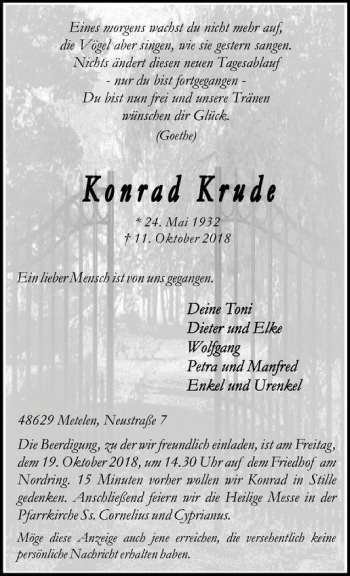 Anzeige von Konrad Krude von Westfälische Nachrichten