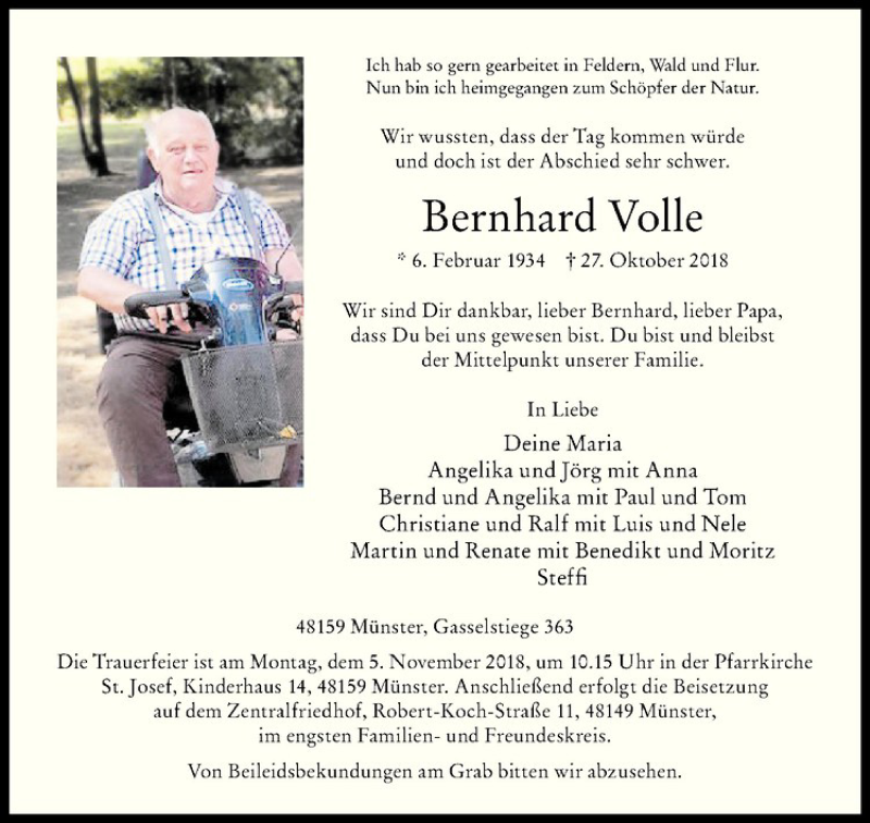  Traueranzeige für Bernhard Volle vom 31.10.2018 aus Westfälische Nachrichten