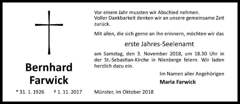  Traueranzeige für Bernhard Farwick vom 27.10.2018 aus Westfälische Nachrichten