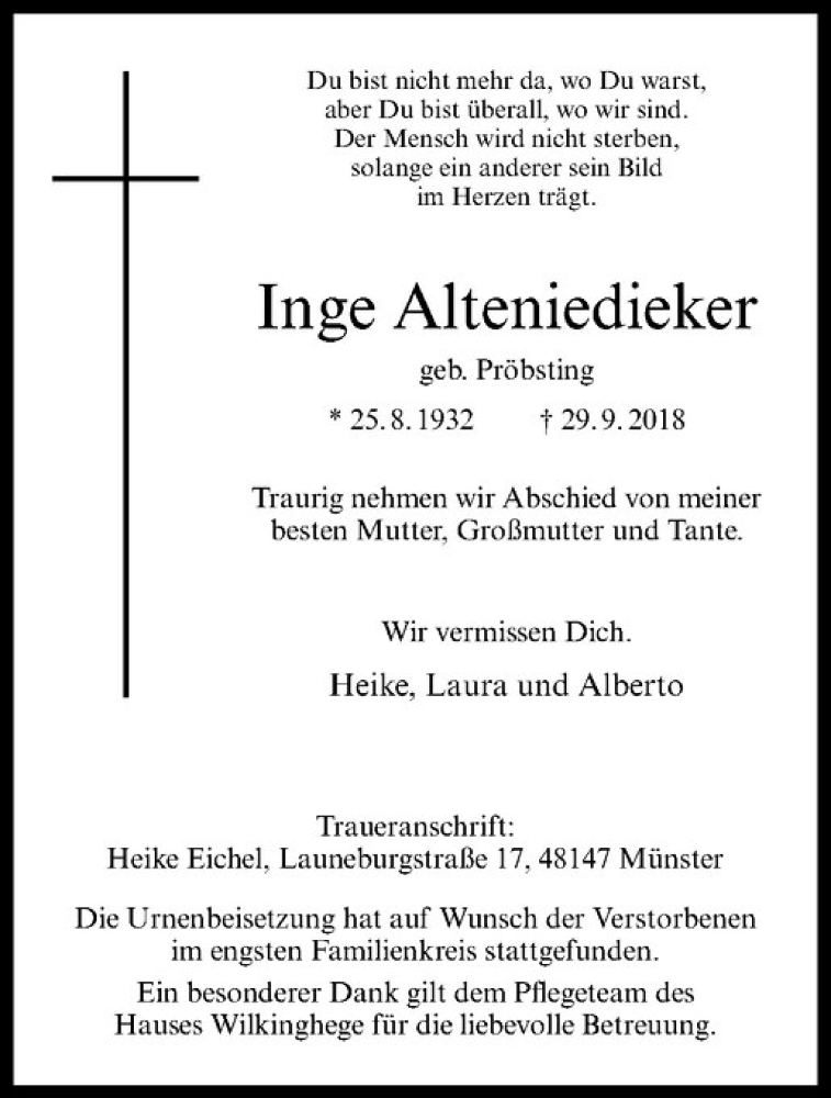 Traueranzeige für Inge Alteniedieker vom 17.10.2018 aus Westfälische Nachrichten
