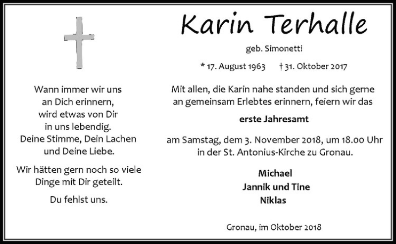  Traueranzeige für Karin Terhalle vom 27.10.2018 aus Westfälische Nachrichten