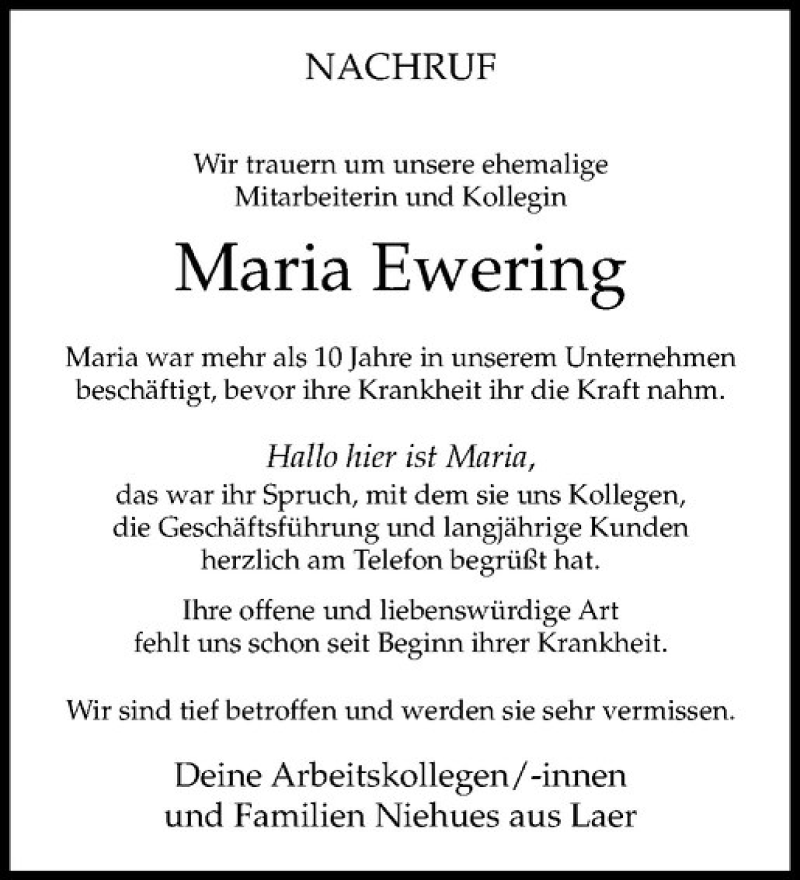  Traueranzeige für Maria Ewering vom 31.10.2018 aus Westfälische Nachrichten