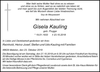 Anzeige von Gisela Kauling von Westfälische Nachrichten