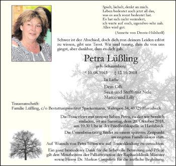 Anzeige von Petrra Lüßling von Westfälische Nachrichten
