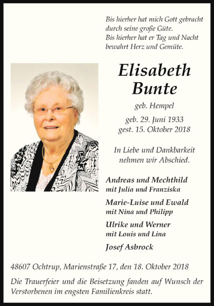  Traueranzeige für Elisabeth Bunte vom 22.10.2018 aus Westfälische Nachrichten