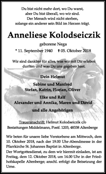 Anzeige von Anneliese Kolodseiczik von Westfälische Nachrichten