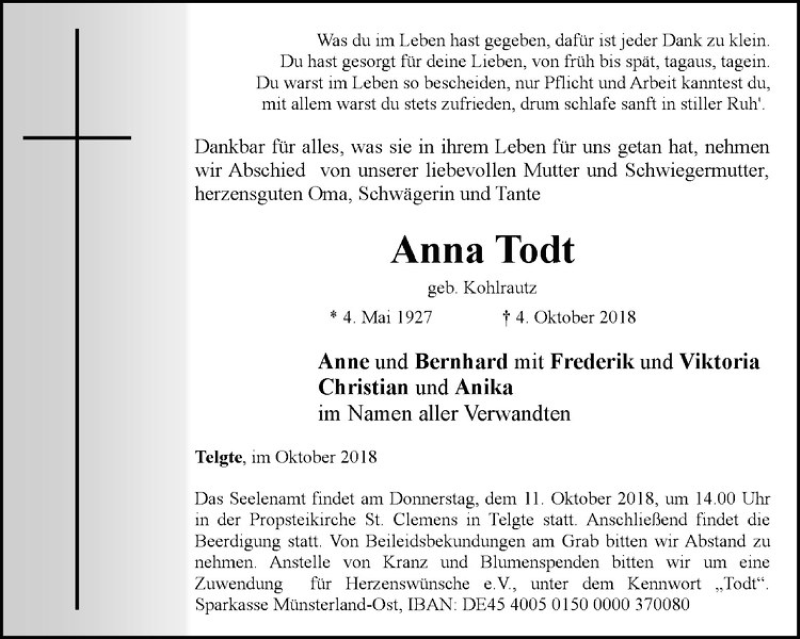  Traueranzeige für Anna Todt vom 06.10.2018 aus Westfälische Nachrichten
