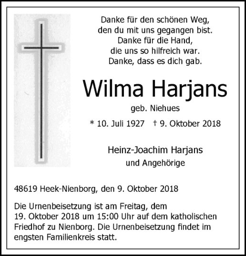  Traueranzeige für Wilma Harjans vom 17.10.2018 aus Westfälische Nachrichten