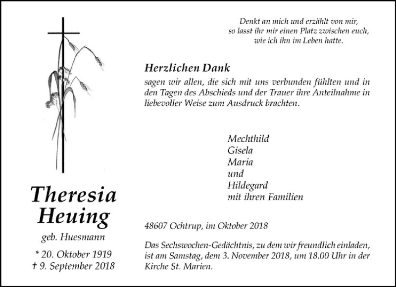  Traueranzeige für Theresia Heuing vom 31.10.2018 aus Westfälische Nachrichten