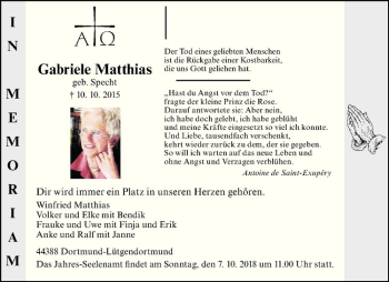 Anzeige von Gabriele Matthias von Westfälische Nachrichten