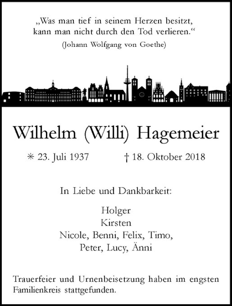  Traueranzeige für Wilhelm Hagemeier vom 31.10.2018 aus Westfälische Nachrichten