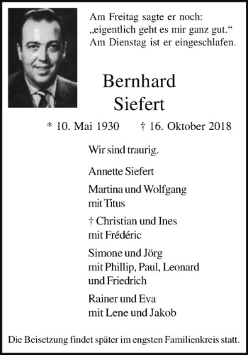 Anzeige von Bernhard Siefert von Westfälische Nachrichten