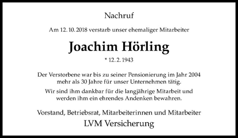  Traueranzeige für Joachim Hörling vom 31.10.2018 aus Westfälische Nachrichten