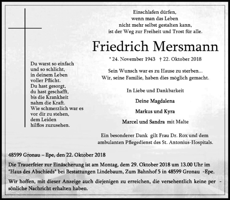  Traueranzeige für Friedrich Mersmann vom 25.10.2018 aus Westfälische Nachrichten