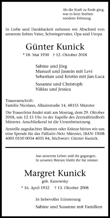 Anzeige von Günter Kunick von Westfälische Nachrichten