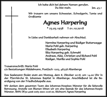 Anzeige von Agnes Harpering von Westfälische Nachrichten