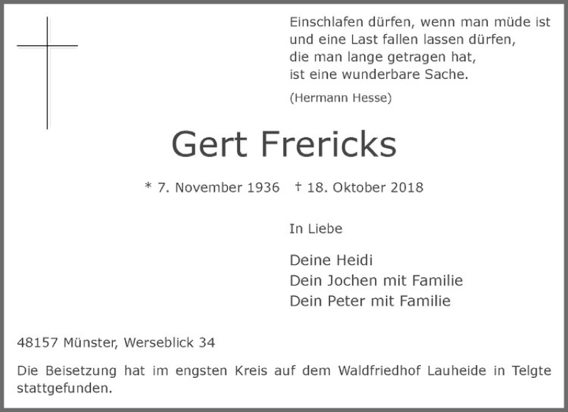  Traueranzeige für Gert Frericks vom 27.10.2018 aus Westfälische Nachrichten