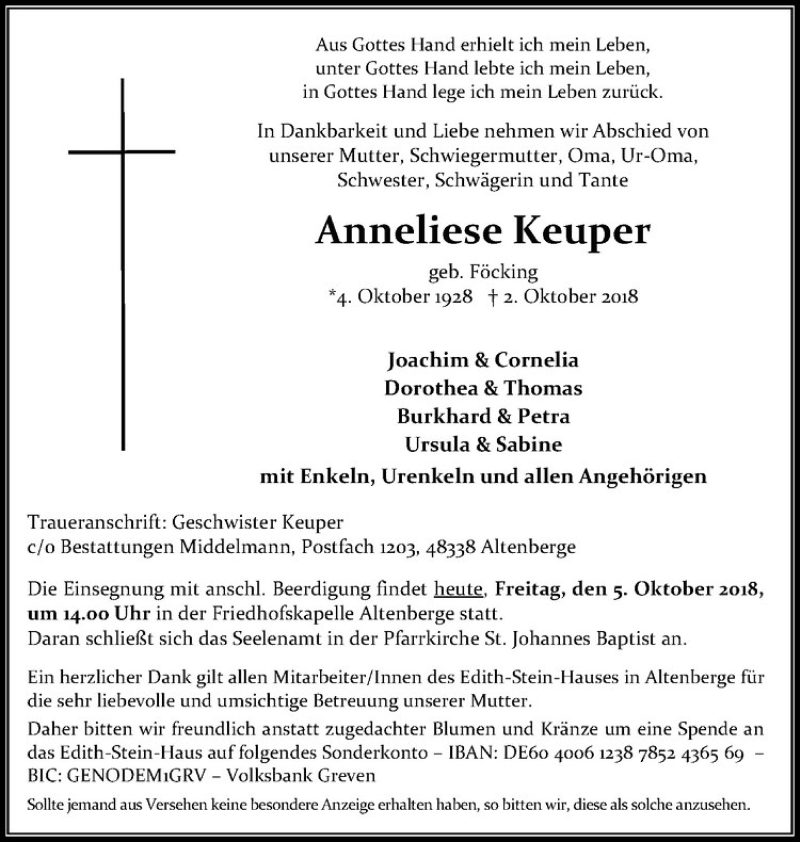  Traueranzeige für Anneliese Keuper vom 05.10.2018 aus Westfälische Nachrichten