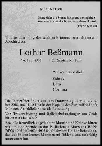 Anzeige von Lothar Beßmann von Westfälische Nachrichten