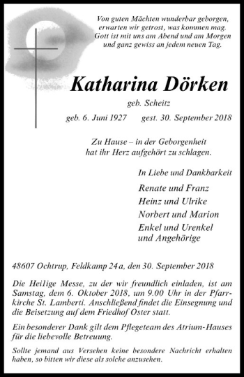 Anzeige von Katharina Dörken von Westfälische Nachrichten