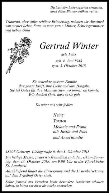 Anzeige von Gertrud Winter von Westfälische Nachrichten