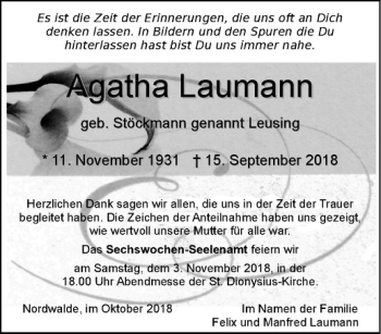 Anzeige von Agatha Laumann von Westfälische Nachrichten