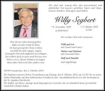 Anzeige von Willy Segbert von Westfälische Nachrichten