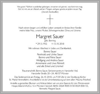 Anzeige von Margret Sauer von Westfälische Nachrichten
