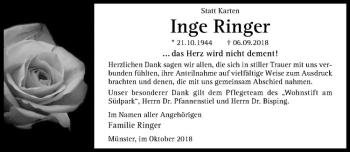Anzeige von Inge Ringer von Westfälische Nachrichten