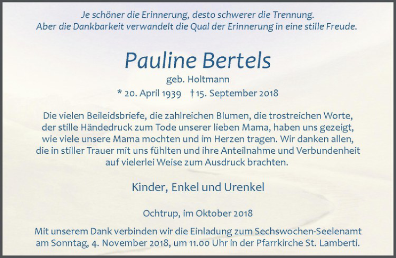  Traueranzeige für Pauline Bertels vom 31.10.2018 aus Westfälische Nachrichten