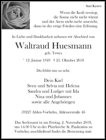 Anzeige von Waltraud Huesmann von Westfälische Nachrichten