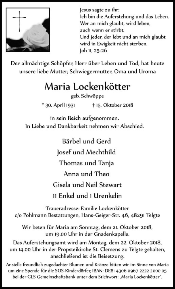  Traueranzeige für Maria Lockenkötter vom 20.10.2018 aus Westfälische Nachrichten