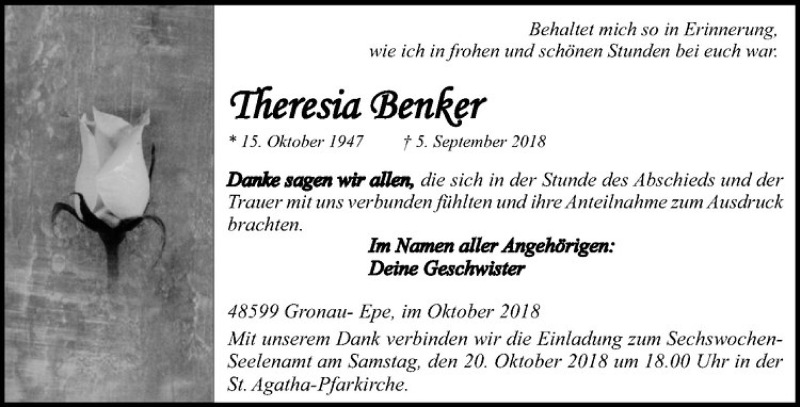  Traueranzeige für Theresia Benker vom 18.10.2018 aus Westfälische Nachrichten