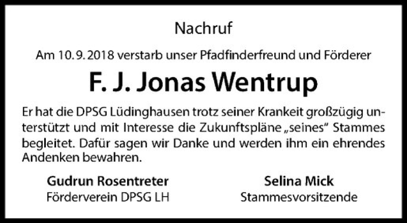  Traueranzeige für F. J. Jonas Wentrup vom 06.10.2018 aus Westfälische Nachrichten