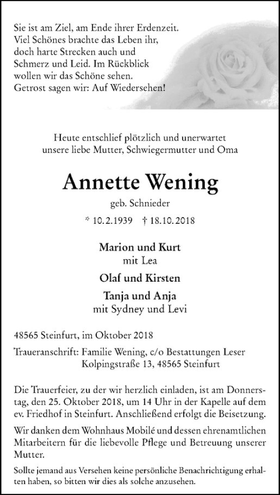  Traueranzeige für Annette Wening vom 23.10.2018 aus Westfälische Nachrichten