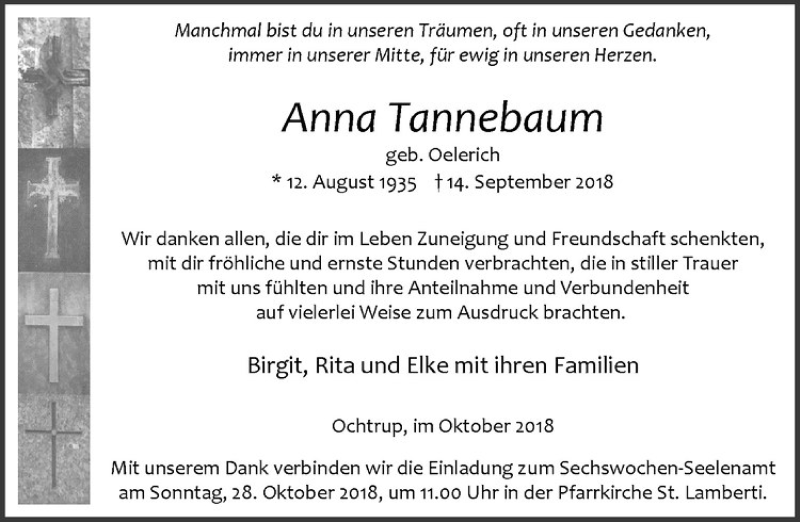  Traueranzeige für Anna Tannebaum vom 24.10.2018 aus Westfälische Nachrichten