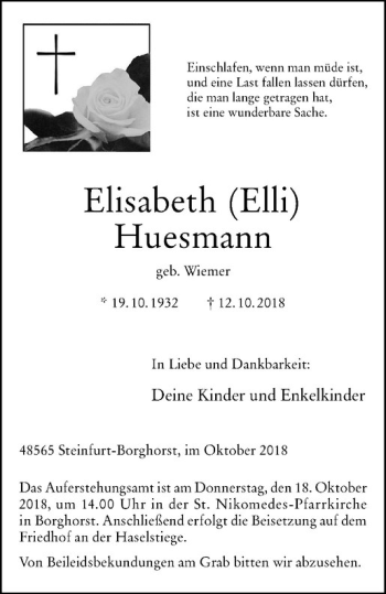 Anzeige von Elisabeth Huesmann von Westfälische Nachrichten