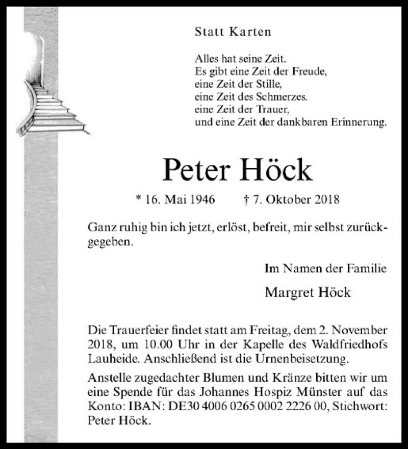  Traueranzeige für Peter Höck vom 17.10.2018 aus Westfälische Nachrichten